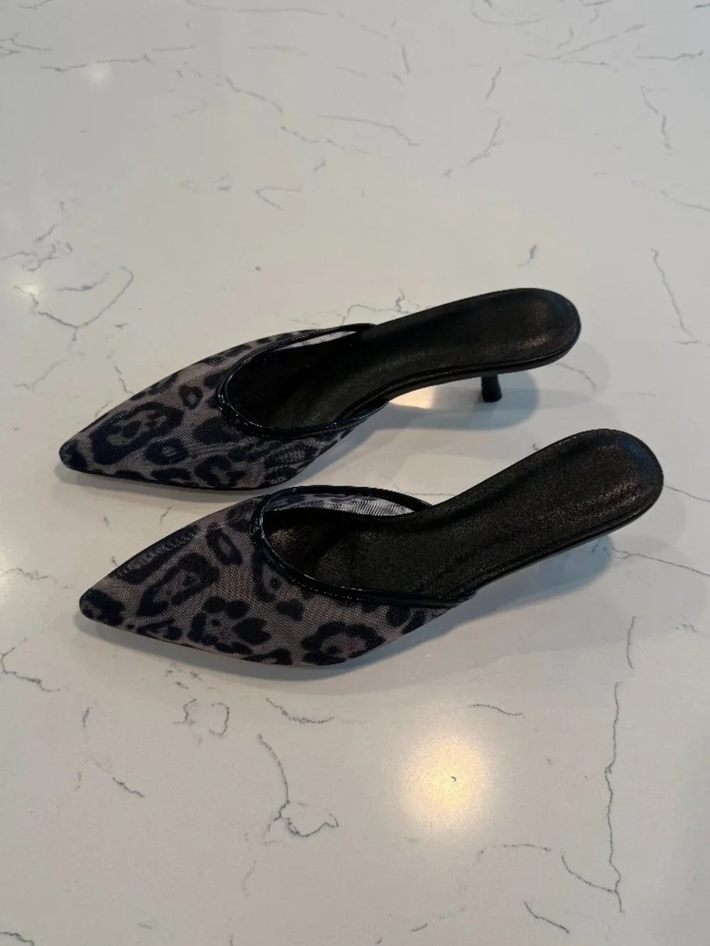 Leopard print mesh kitten heels slip on mules size 8